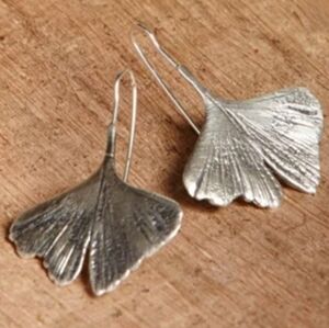Silver Gingko Biloba Leaf Earrings 3D Leaves Nature Modern Botanical Minimalist